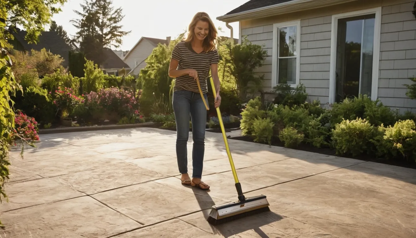 Homeowner sweeping a sealed concrete patio in Atlanta