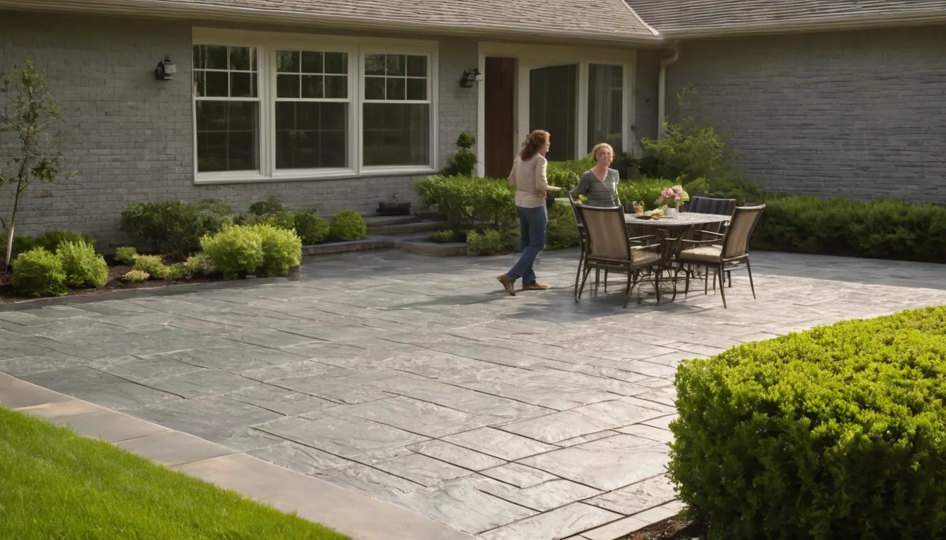 Stamped concrete patio with a slate pattern behind a brick home in Atlanta